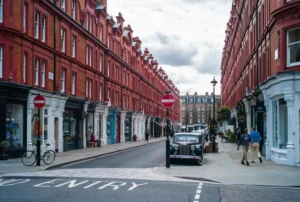 chiltern street london united kingdom rows shops old red brick buildings england may shopping marylebone uk 179587743